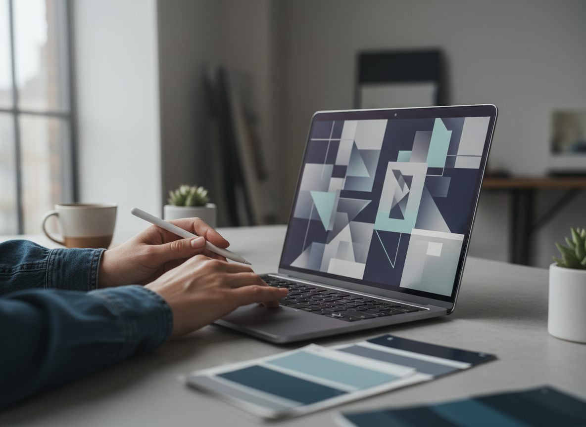 Designer working on layouts at a sleek workstation