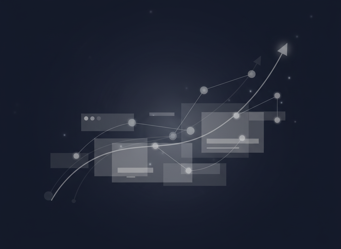 Abstract data-driven digital marketing visual with rising performance graph lines and cross-channel connection nodes.