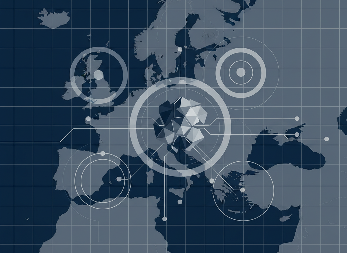 Abstract multilingual campaign analytics visual with overlapping map grids, segmentation circles and a unified dashboard motif.