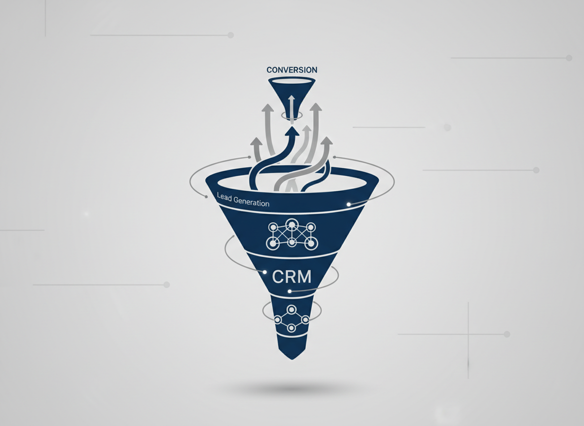 Abstract lead-generation and CRM funnel visual with a stylized marketing funnel, ascending arrows and integration nodes.