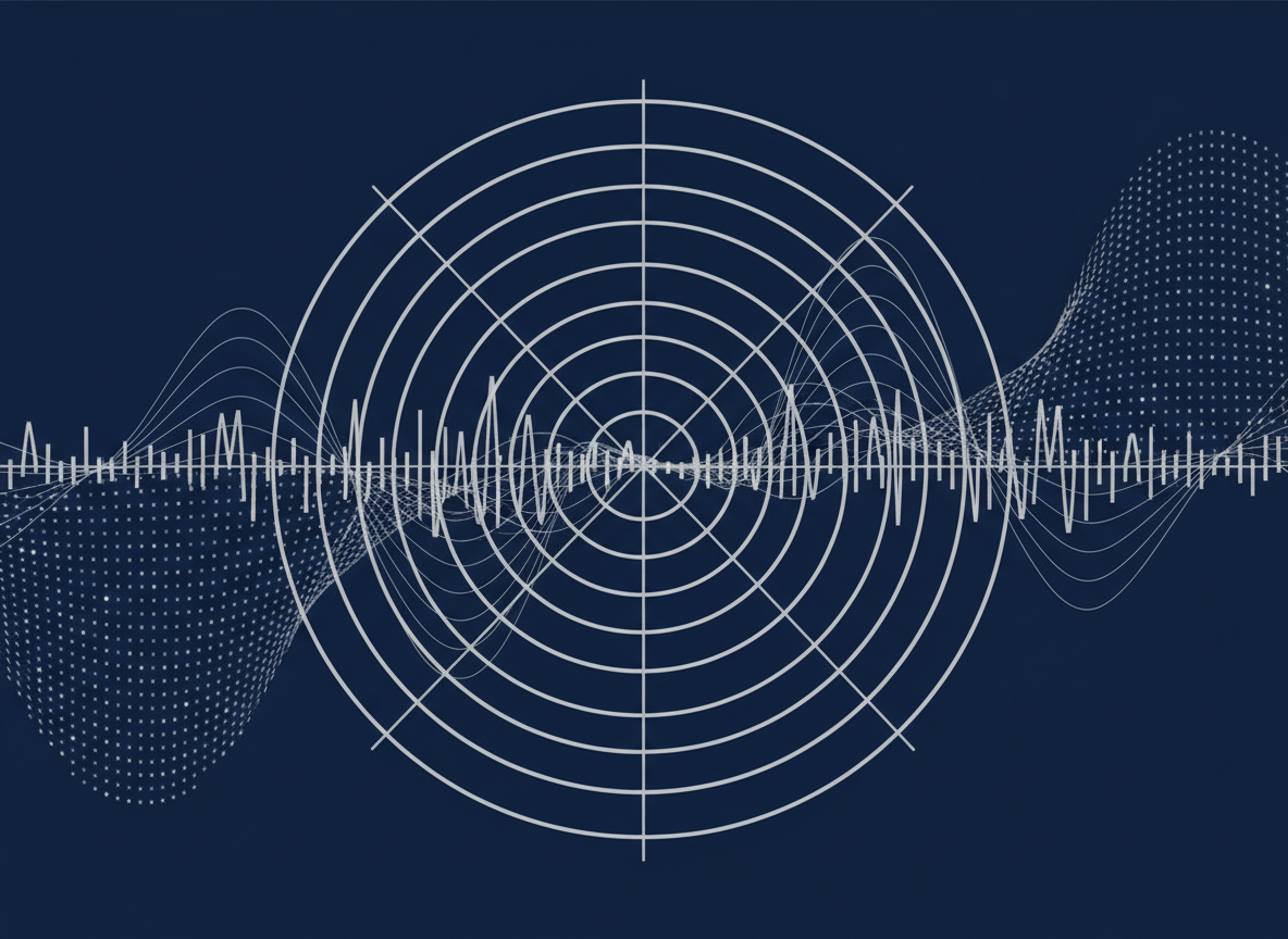 Abstract full-funnel performance media visual with concentric targeting rings, frequency waves and a programmatic grid.