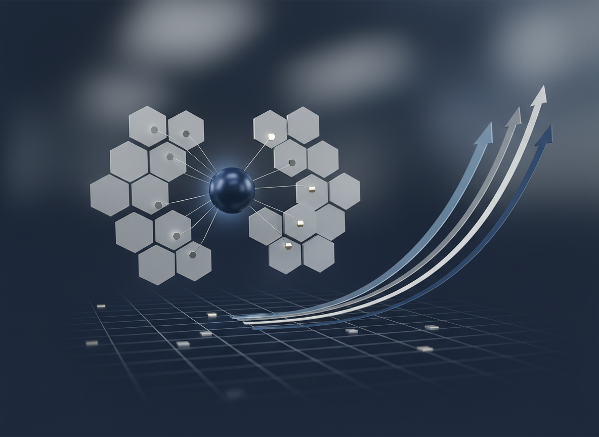 Abstract paid media scaling visual with segmented audience clusters, a real-time bidding grid and rising ROI curves.