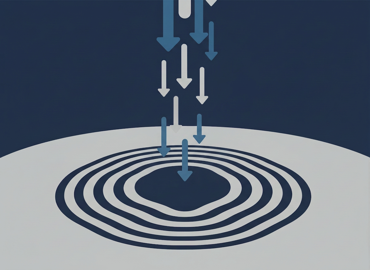Abstract mobile app download campaign visual in deep navy and soft grey, featuring abstract smartphone silhouette shapes, cascading download arrows, and multi-platform reach ripples. Minimal professional editorial. No text, no logos.